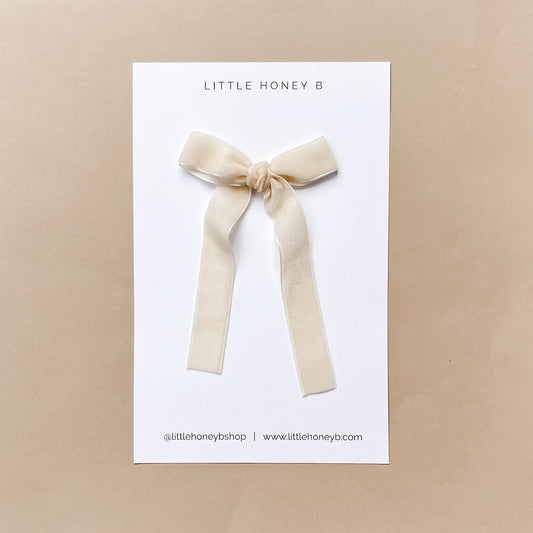 Velvet Long Tail Ribbon Bow - Cream